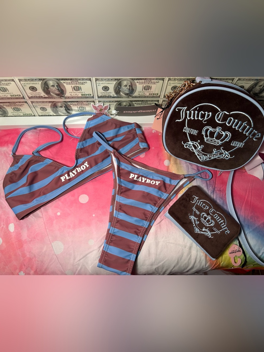 PLAYBOY Brown and Blue Striped Bikini Set